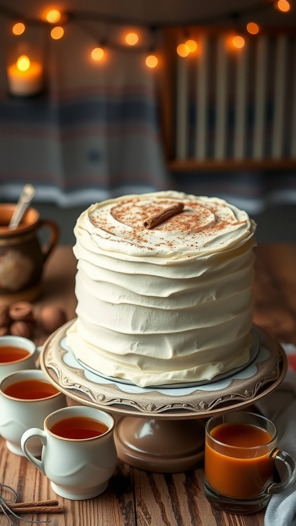 Layered chai spice cake with cream cheese frosting, served with cups of chai tea on a rustic table.